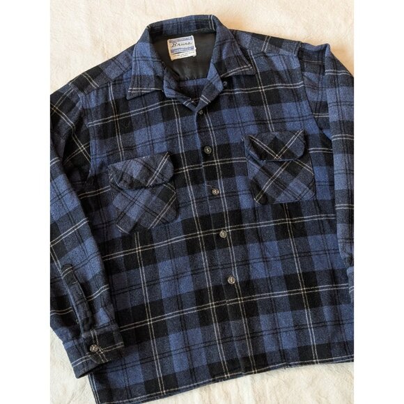 Vintage 60s 70s Wool Loop Collar Shadow Plaid Button Up Rockabilly Boxy Medium - Picture 2 of 6